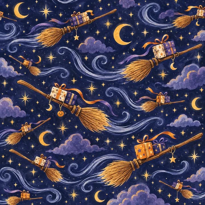 Broomstick Express wrapping-paper pattern concept
